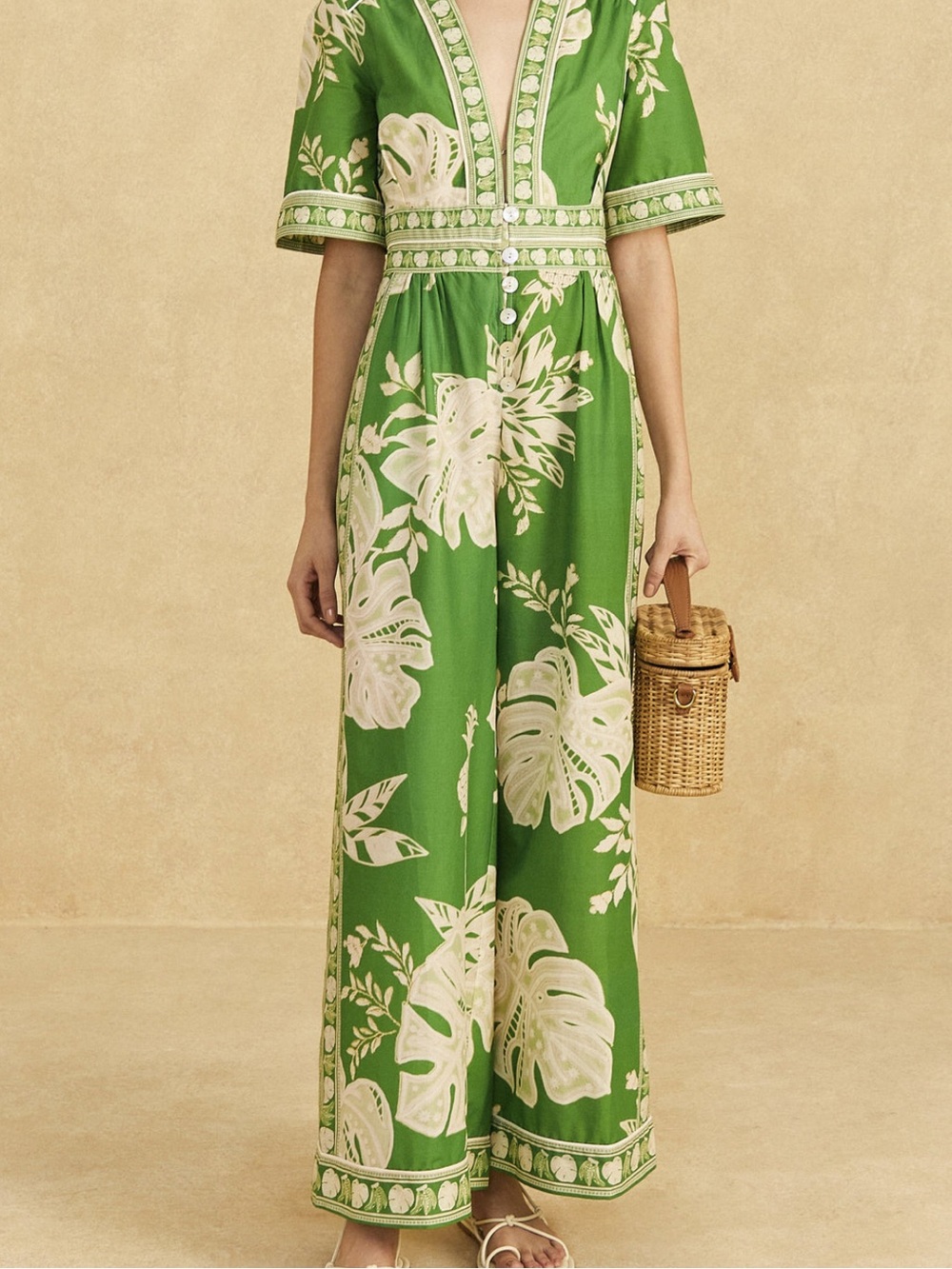FARM Rio Green Lace Monsteras Jumpsuit Green White Wide-Leg Size Large
